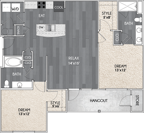 Floor plan for 2 beds, 2 baths, 1163 sqft